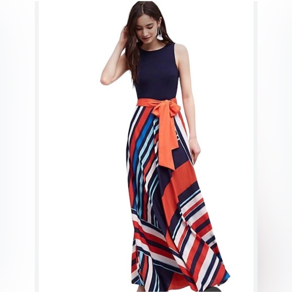 Eliza J Maxi Dress Women 12 Jersey Navy Red Geometric Flowy A-Line No SASH - Picture 3 of 9